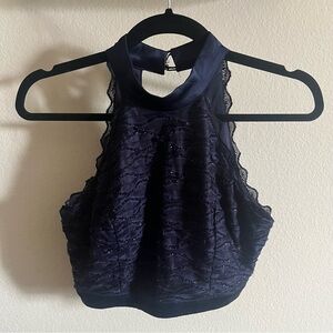 Elegant Navy Blue Lace Halter Top